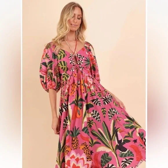 midi navy floral dress Navy Floral Puff Sleeve Midi Dress Medium